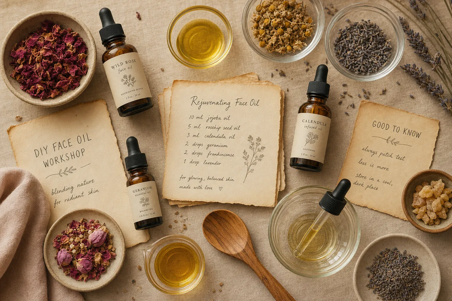 Botanical oils, dried flowers and blending notes laid out on a linen cloth