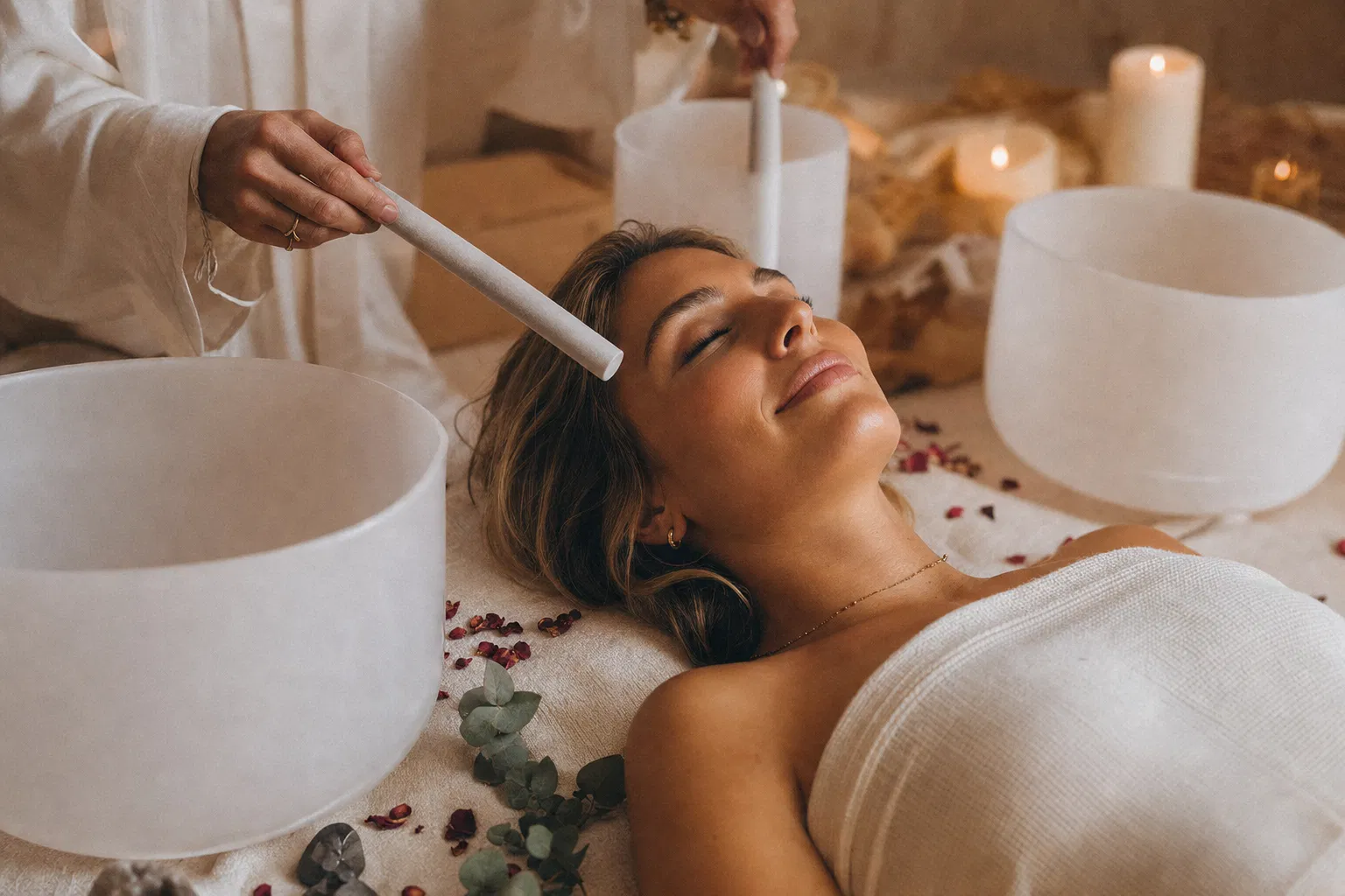A woman receiving a crystal bowl sound bath surrounded by candles and botanicals
